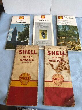 VINTAGE LOT of 5 Shell Station Maps New York, Ontario, Eastern US, Cleveland #F5